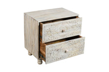 Load image into Gallery viewer, 24" Solid Wood Distressed Carved Scrollwork Two Drawer Nightstand - Natural And White