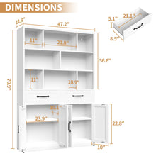 Load image into Gallery viewer, Bookcase Tall With 2 Doors & 2 Drawers, Fixed Open Shelves - White