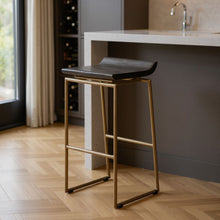 Load image into Gallery viewer, Solid Wood And Metal Backless Bar Height Bar Chair - Black / Gold