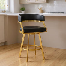 Load image into Gallery viewer, 26" Faux Leather And Stainless Steel Low Back Counter Height Swivel Bar Chair - Black / Gold