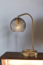 Load image into Gallery viewer, Metal Desk Lamp With Light Gray Swirl Globe Shade - Antiqued Brass