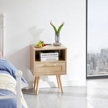 Load image into Gallery viewer, 15.75" Rattan End Table With Power Outlet & USB Ports, Modern Nightstand With Drawer And Solid Wood Legs, Side Table For Living Room, Bedroom