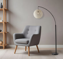 Load image into Gallery viewer, Arched Floor Lamp With Groovy Beige Abstract Wicker Globe Shade - Antiqued Bronze