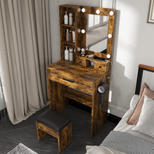 Load image into Gallery viewer, Vanity Table With Mirror, Adjustable LED Lights, Power Outlet, Hairdryer Holder & Stool