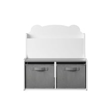 Load image into Gallery viewer, Bookshelf With Storage Bins, Bookcase With Book Display Shelf And 2 Bins, Cute Bear Shaped Backboard, Toy Organizer - White