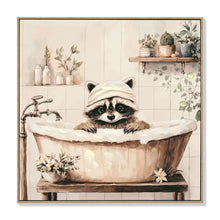 Load image into Gallery viewer, Raccoon Bathroom Canvas Wall Art, Funny Animal, Framed - Black / Ivory