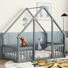 Load image into Gallery viewer, Wood House-Shaped Floor Bed With Fence, Guardrails