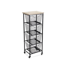 Load image into Gallery viewer, 41" Metal And Wood Basket Storage Rolling Cabinet - Black And Natural