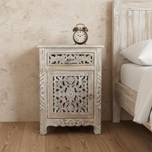 Load image into Gallery viewer, One Drawer Carved Floral Solid Wood Nightstand - Distressed Gray