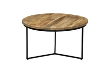 Load image into Gallery viewer, 32" Solid Wood And Iron Round Distressed Cross Legs Coffee Table - Black And Natural