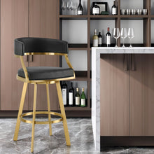 Load image into Gallery viewer, 30" Faux Leather And Stainless Steel Low Back Bar Height Swivel Bar Chair - Black / Gold