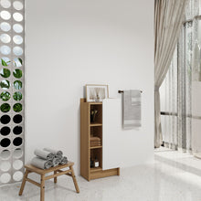 Load image into Gallery viewer, Freestanding Bathroom Side Cabinet, Narrow Storage Cabinet With Single Door & 3 Tier Open Shelves - Black / Light Oak / White