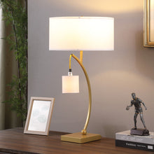 Load image into Gallery viewer, Metal Two Light Arched Table Lamp With White Drum Shade - Gold