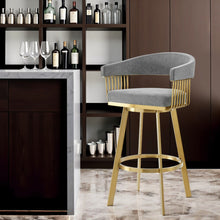 Load image into Gallery viewer, 26" Fabric And Stainless Steel Low Back Counter Height Swivel Bar Chair - Gray / Gold