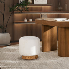 Load image into Gallery viewer, Tilly - Round Fur Upholstered / Burl Pouf Ottoman - White