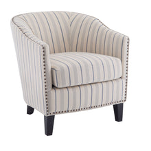 Load image into Gallery viewer, Transitional Upholstered Stripe Barrel Chair With Birch Wood Legs And Plush Cushioned Seat - Beige / Blue Stripe
