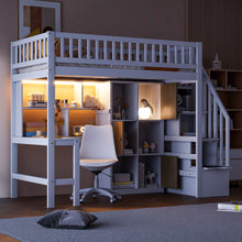 Load image into Gallery viewer, Loft Bed With Built In L Shaped Desk, LED Lights, Storage Shelves, Cabinets, And Staircase