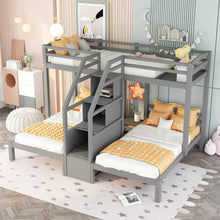 Load image into Gallery viewer, Twin Over Twin & Twin Bunk Bed With Built In Staircase And Storage Drawer - Gray