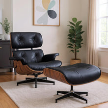 Load image into Gallery viewer, 28" Tufted Genuine Leather Lounge Chair With Ottoman - Black / Rosewood