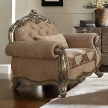 Load image into Gallery viewer, Linen Damask Tufted Arm Chair And Toss Pillow - Brown And Champagne