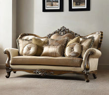 Load image into Gallery viewer, Polyester Blend Curved Floral Sofa And Toss Pillows With Brown Legs - Tan