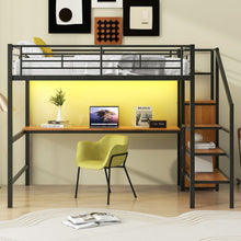 Load image into Gallery viewer, Loft Bed With Desk, Storage Staircase, Small Wardrobe And LED Light