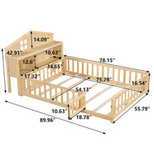 Load image into Gallery viewer, Full Size Montessori Floor Bed With Bookcases And boards, Solid Wood Platform Bed With Guard Rails And Storage Headboards - Natural