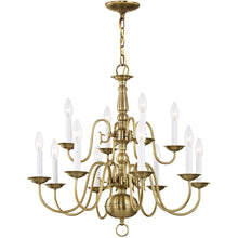 Load image into Gallery viewer, 23" Twelve Light Dimmable Chandelier With Shades - Antiqued Brass