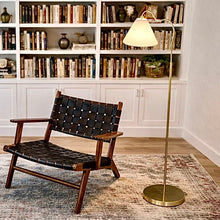 Load image into Gallery viewer, Majestic - Ring Base Curved Floor Lamp With Triangle Drum Shade - Gold / White