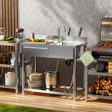 Load image into Gallery viewer, Outdoor Utility Sink With Workbench & Storage Shelf, Freestanding Prep Table With Left Drawer, Garden Patio Sink Station With 360° Hot & Cold Water Faucet - Silver