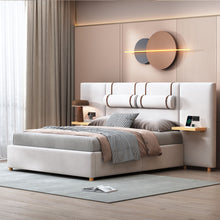 Load image into Gallery viewer, Upholstered Platform Bed, 2 Outlets And USB Charging Ports On Both Sides, 2 Bedside Pillows, Storage Shelves