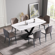 Load image into Gallery viewer, 70.87" Modern Artificial Stone White Curved Black Metal Leg Dining Table, Can Accommodate 6-8 People - White / Black