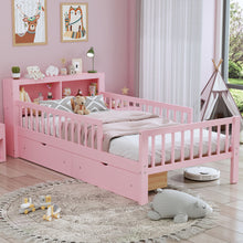 Load image into Gallery viewer, Bed With Headboard Storage Rack, 2 Under Bed Drawers, 3 Side Guardrails For Safety