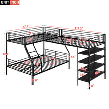 Load image into Gallery viewer, L-Shaped Twin Over Full Bunk Bed And Twin Loft Bed With 4 Built In Shelves - Black