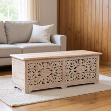 Load image into Gallery viewer, 52" Distressed Solid Wood Carved Floral Storage Ottoman - White