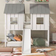 Load image into Gallery viewer, Twin Over Twin House Bunk Bed With Slide And Windows - White / Gray