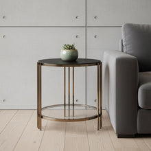 Load image into Gallery viewer, Stone And Metal Round End Table With Shelf - Black / Champagne