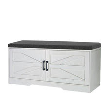 Load image into Gallery viewer, 2 Tier Shoe Bench With Padded Seat, 2 Barn Doors And Adjustable Shelves, For Entryway And Living Room - White