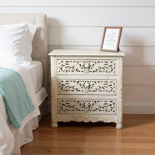 Load image into Gallery viewer, Three Drawer Floral Carved Solid Wood Nightstand - Distressed White