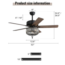 Load image into Gallery viewer, Ceiling Fan With Crystal Lampshade, 5 Blades, DC Motor, 6 Speed Remote Control, 1 / 4 / 8 Hour Timer - Black