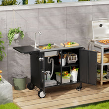 Load image into Gallery viewer, Outdoor Grill Table With Sink, Worktable Kitchen Cabinet Island With Wheels & Foldable Top - Black