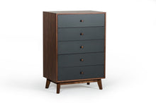 Load image into Gallery viewer, 30" Walnut And Charcoal Solid Wood Five Drawer Chest - Gray