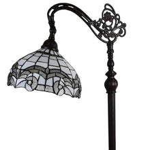Load image into Gallery viewer, Metal Arched Floor Lamp With White Geometric Stained Glass Shade - Brown