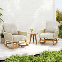 Load image into Gallery viewer, Cushioned Rattan Rocking Chairs With Wooden Accent Table Modern 3 Piece Outdoor Seating Set For Patio Relaxation - Ivory