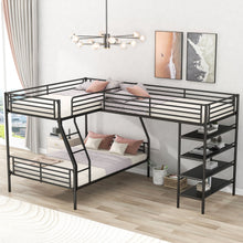Load image into Gallery viewer, L-Shaped Twin Over Full Bunk Bed And Twin Loft Bed With 4 Built In Shelves - Black