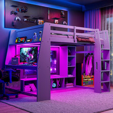 Load image into Gallery viewer, Gaming Loft Bed With Desk, Multi Storage Shelves, LED Lighting, And Hanging Clothes Rack