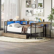 Load image into Gallery viewer, Corner Bed Frame Twin Size With Bookcase And 2 Underbed Storage Drawers, Modern Twin Bed With LED Light And Charging Station, Modern Daybed Reversible Left Or Right - Gray