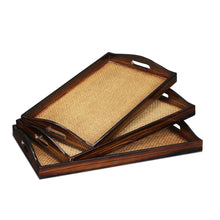 Load image into Gallery viewer, 20" Rectangular Woven Wood Tray With Handles (Set of 3) - Brown