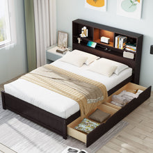 Load image into Gallery viewer, Platform Bed With Bookcase Headboard, Built-In Downlight, Charging Station, And 2 Side Drawers