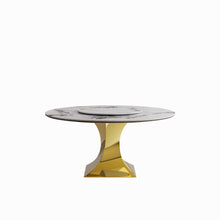 Load image into Gallery viewer, Luxury Round 59" Sintered Stone Dining Table With Stainless Steel Hourglass Base, Scratch & Heat Resistant Surface - Golden / White